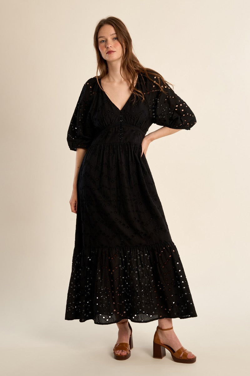 Molly Bracken Long Black Cotton Dress With Embroidery