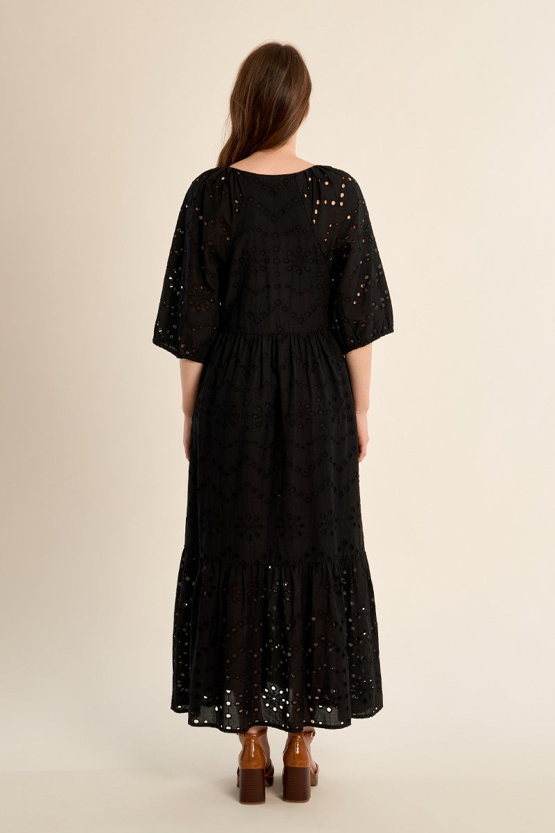 Molly Bracken Long Black Cotton Dress With Embroidery
