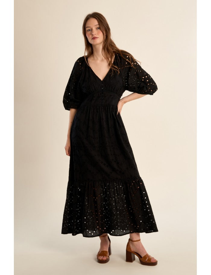 Molly Bracken Long Black Cotton Dress With Embroidery