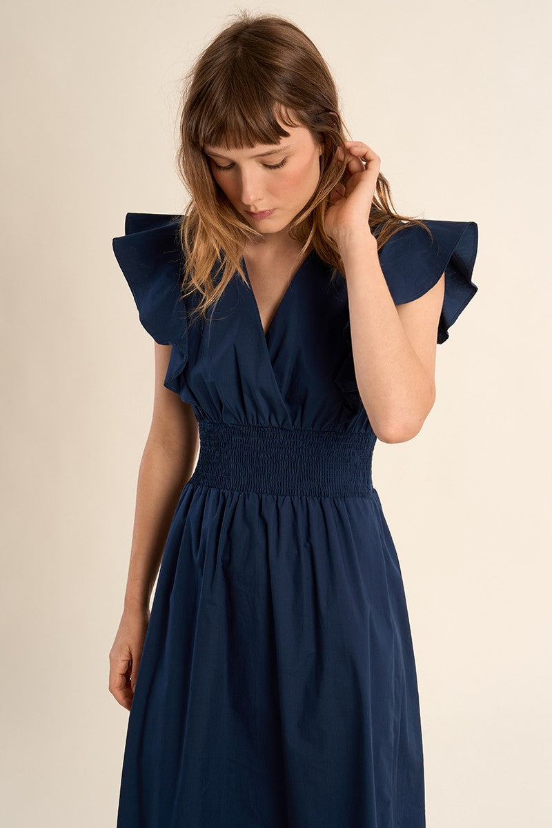 Molly Bracken Navy Blue V Neck Ruffle Dresse