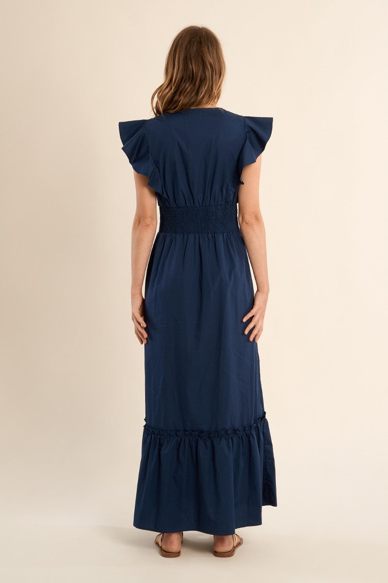Molly Bracken Navy Blue V Neck Ruffle Dresse