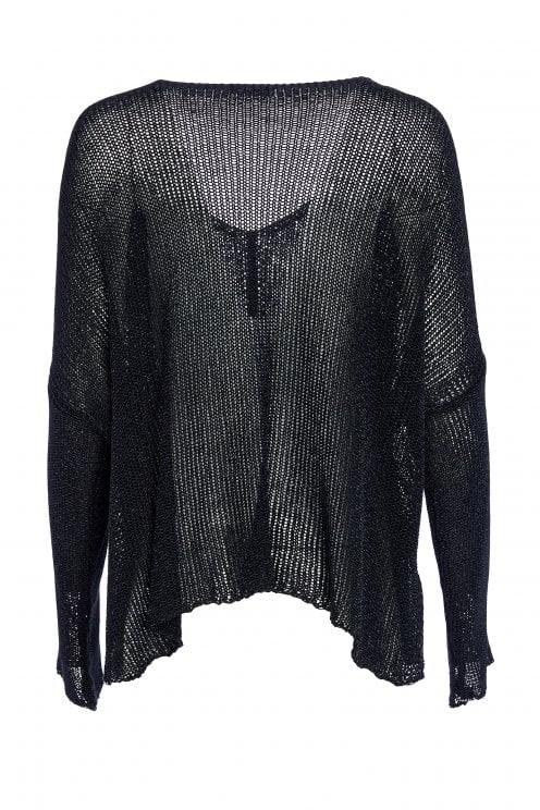Naya Loose Weave V Neck Knit With Layed On Sections- Black