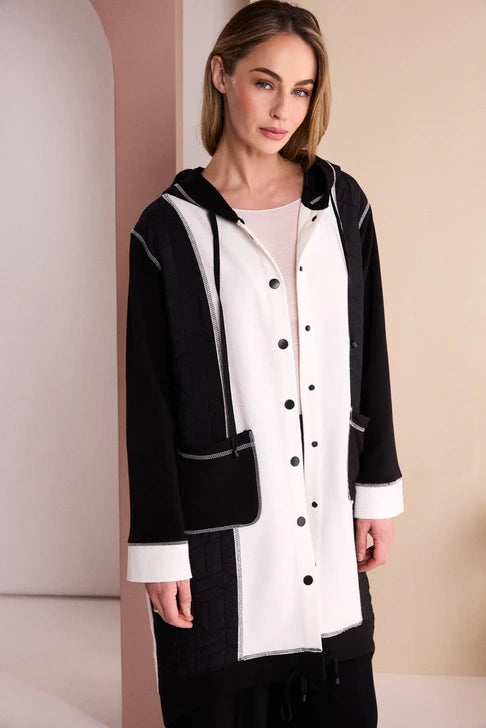 Naya Two Tone Hooded Coat With Stud Front And Coverseam Stitch Detail