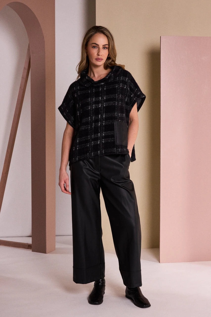 Naya Black/Grey Check Knit Top With Leatherette Pocket And Zip Detail