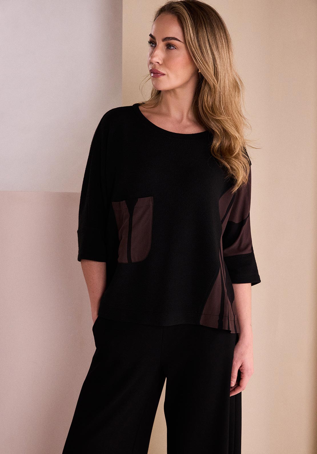 Naya Round Neck Relaxed Top With Brown Accents