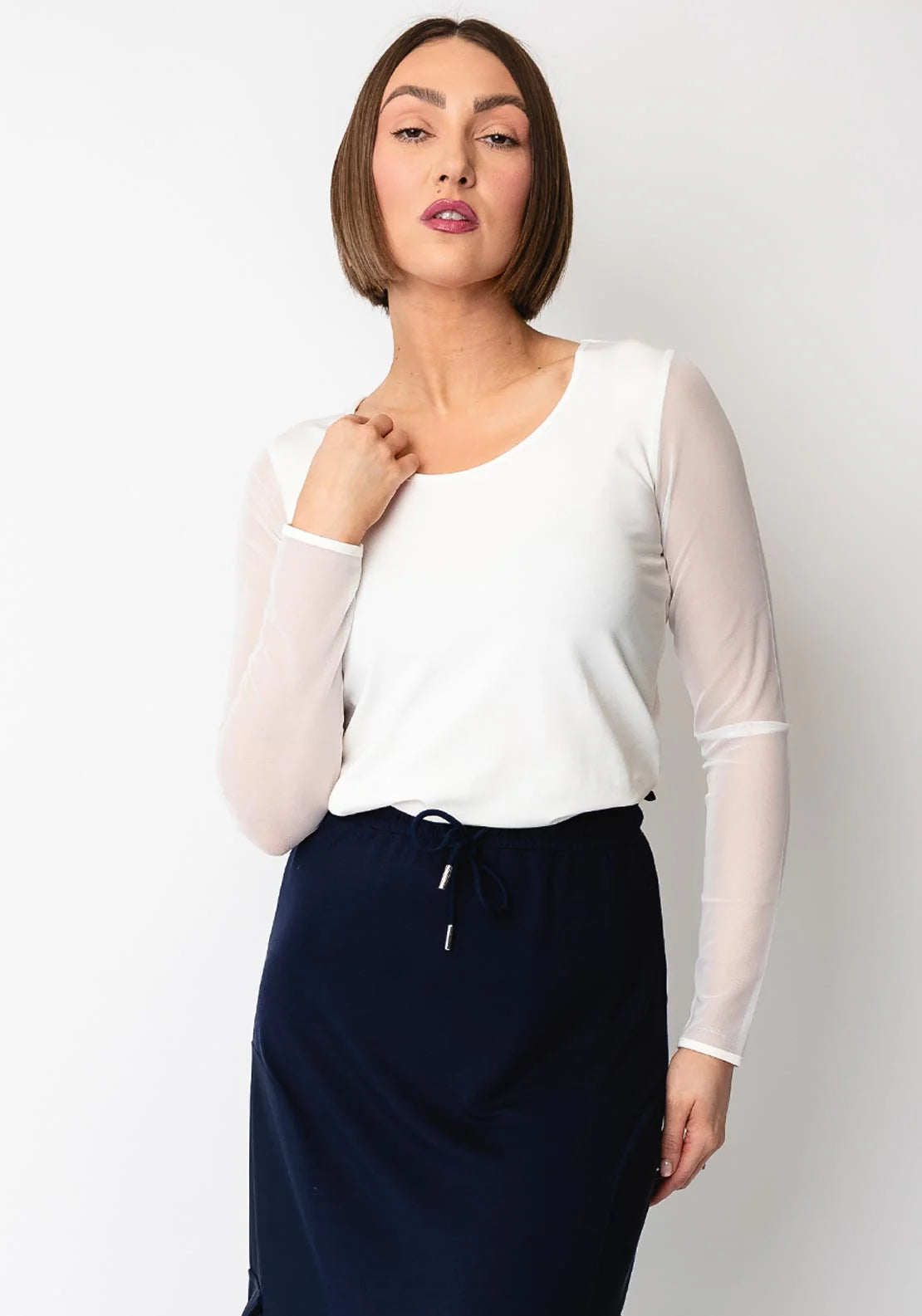 Naya Cream Round Neck Long Sleeved Mesh