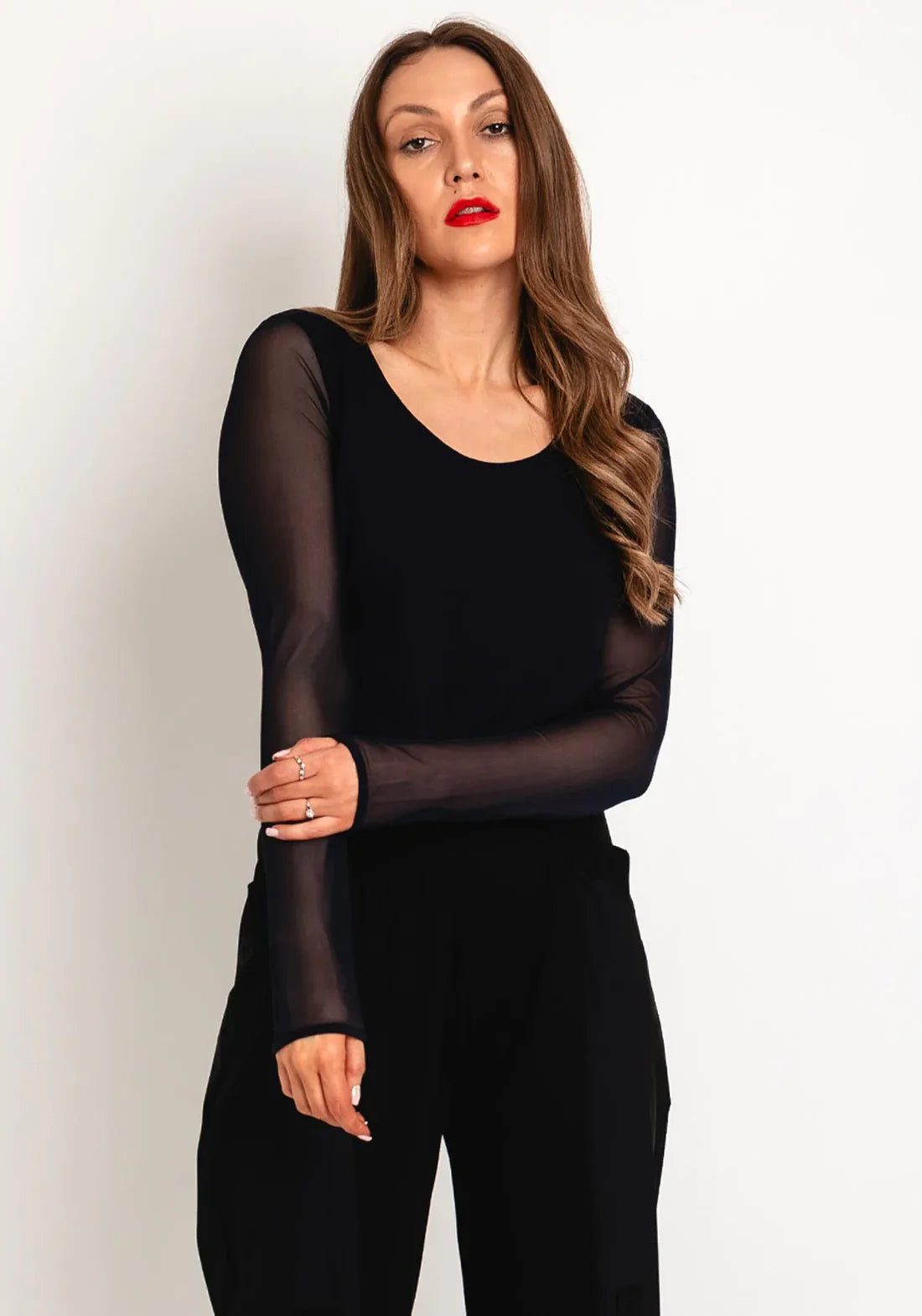 Naya Jersey Black Round Neck Top With Mesh Sleeve