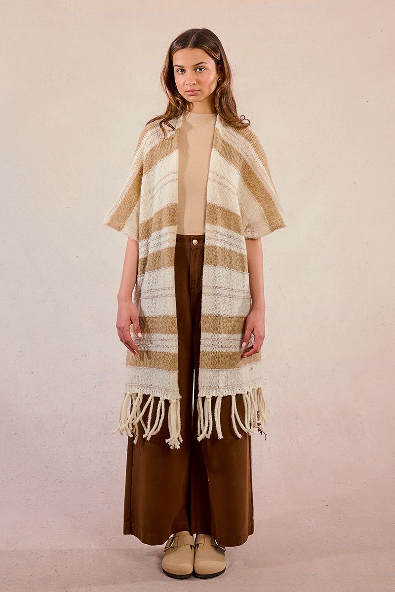 Molly Bracken Open Fringed Off White/Beige Poncho