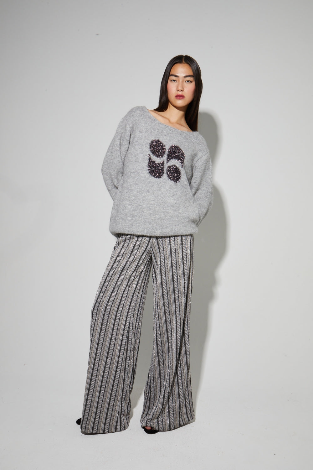IMPREVU Silver Light Grey Stripes Charlie Tricot Trousers