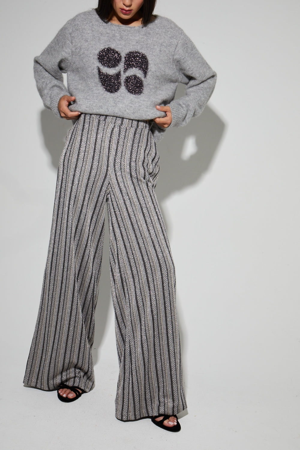 IMPREVU Silver Light Grey Stripes Charlie Tricot Trousers