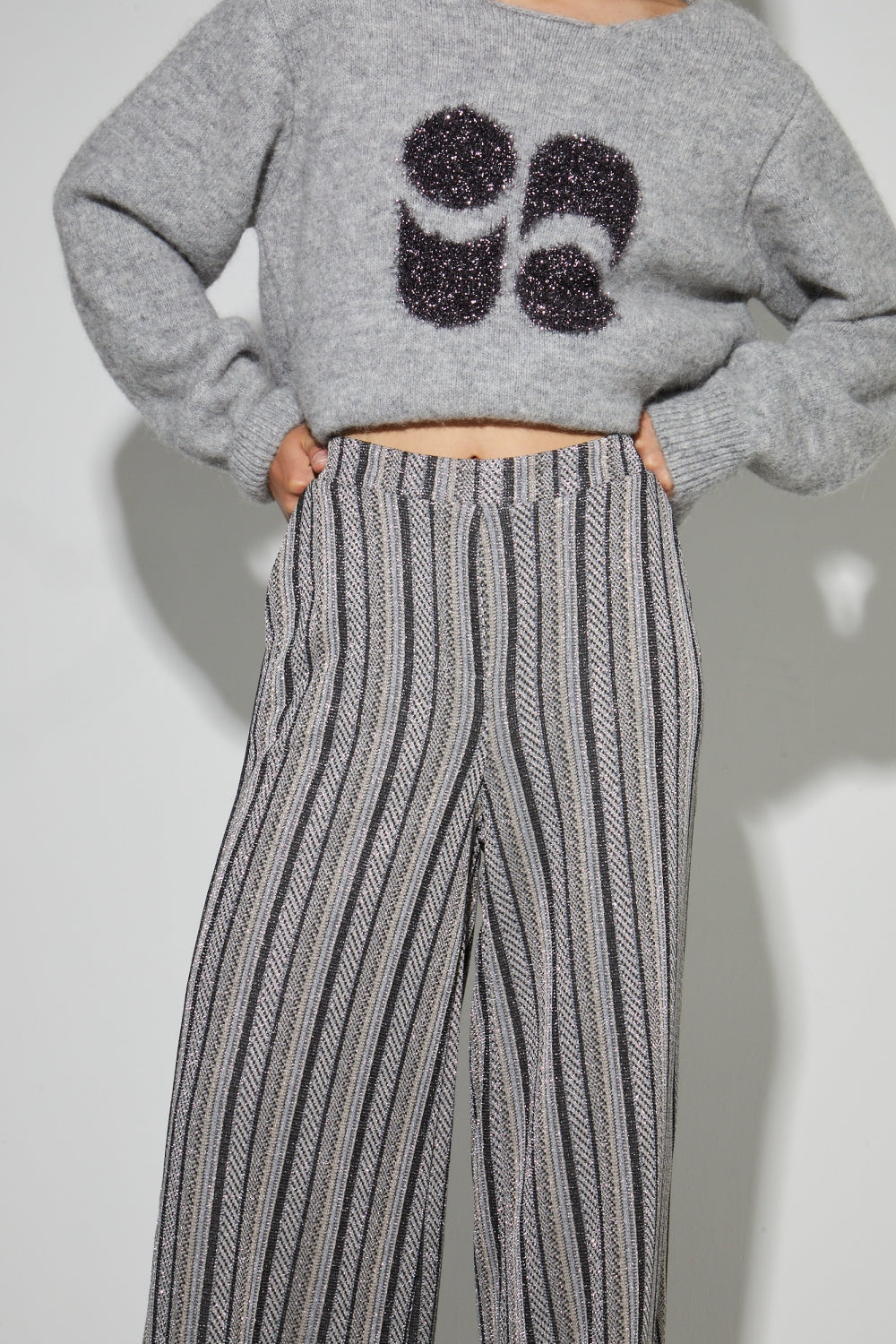 IMPREVU Silver Light Grey Stripes Charlie Tricot Trousers