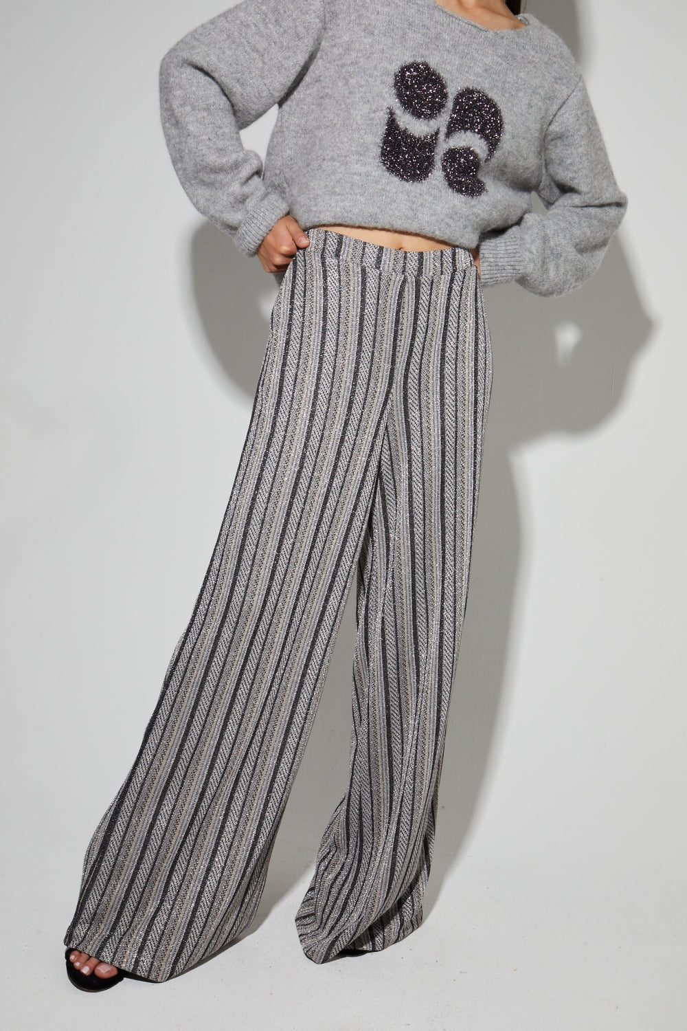 IMPREVU Silver Light Grey Stripes Charlie Tricot Trousers