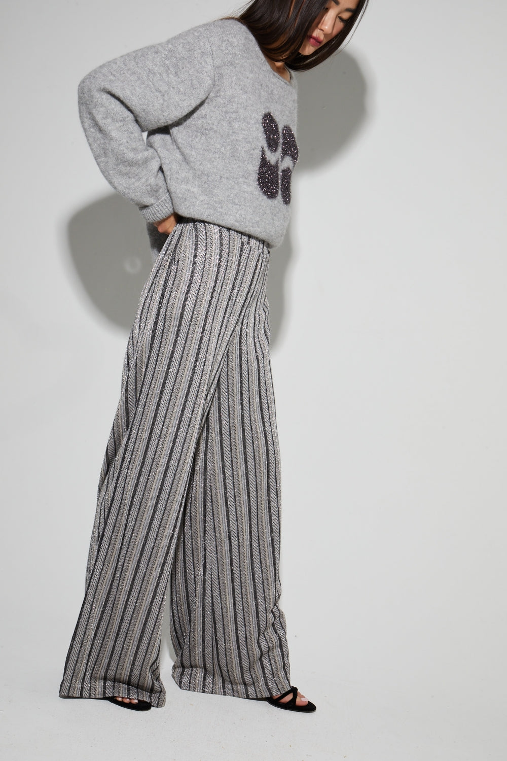 IMPREVU Silver Light Grey Stripes Charlie Tricot Trousers