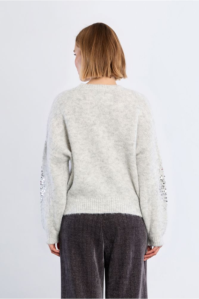 Molly Bracken Light Ash Grey Plaid And Rhinestone Sweater
