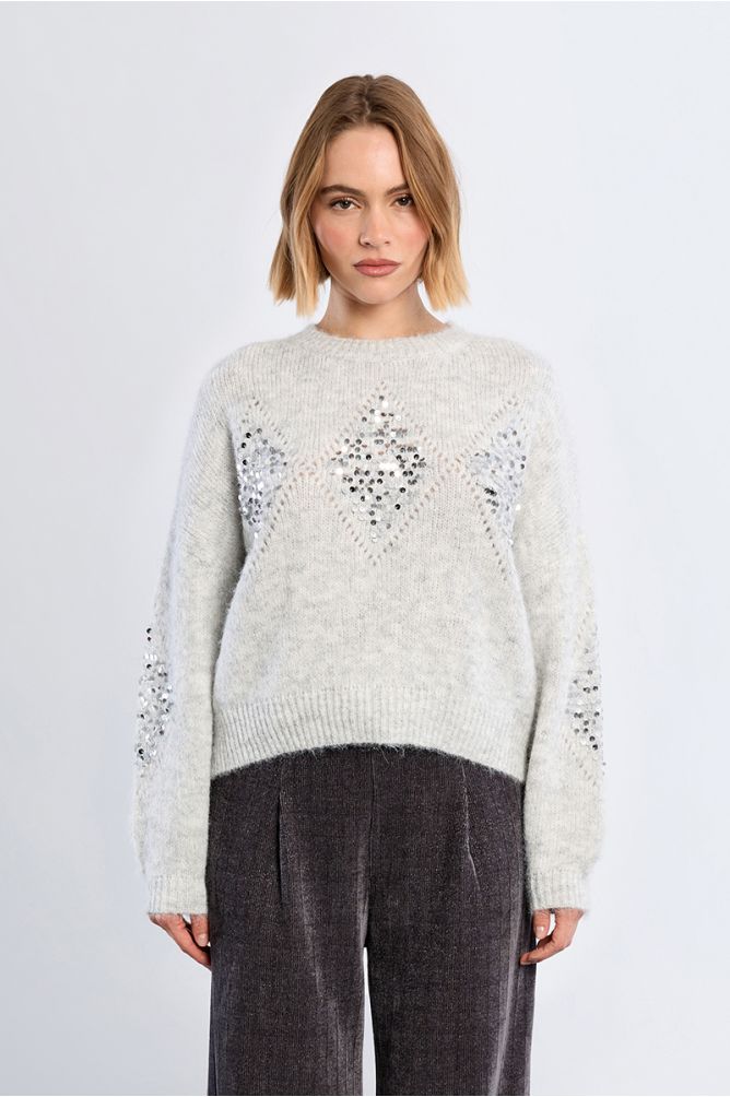 Molly Bracken Light Ash Grey Plaid And Rhinestone Sweater