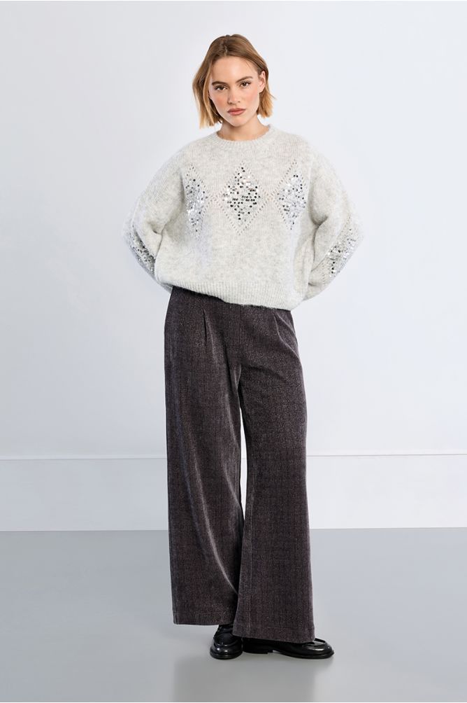 Molly Bracken Light Ash Grey Plaid And Rhinestone Sweater