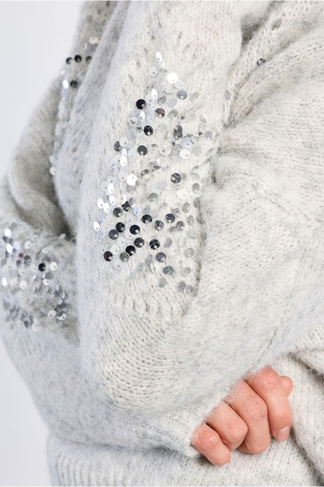 Molly Bracken Light Ash Grey Plaid And Rhinestone Sweater