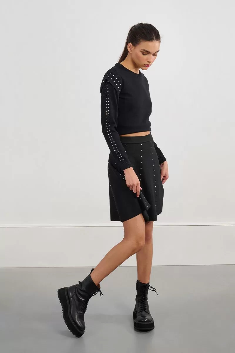 Molly Bracken Rhinestone Black Knitted Mini Skirt