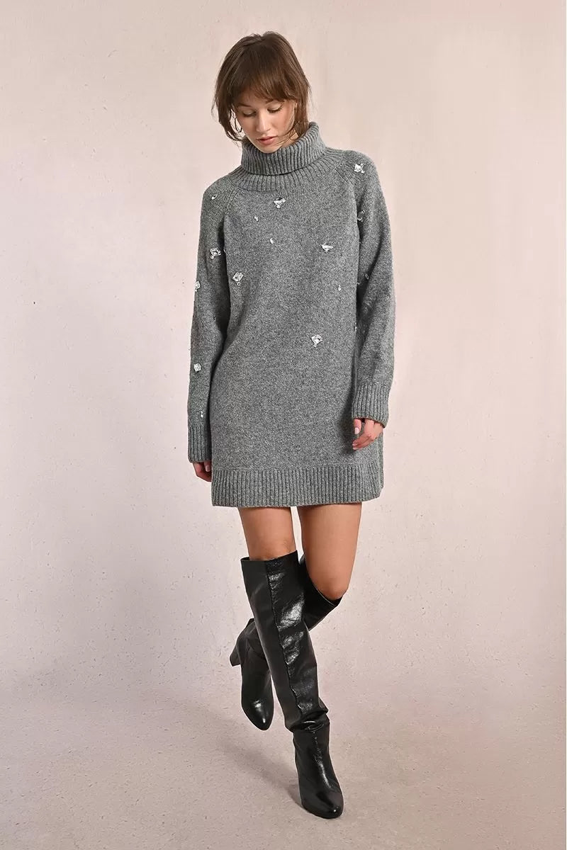 Molly Bracken Rhinestone Grey Knitted Sweater Dress
