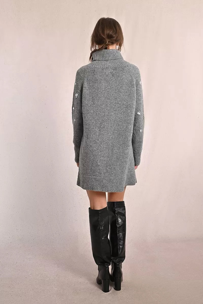 Molly Bracken Rhinestone Grey Knitted Sweater Dress
