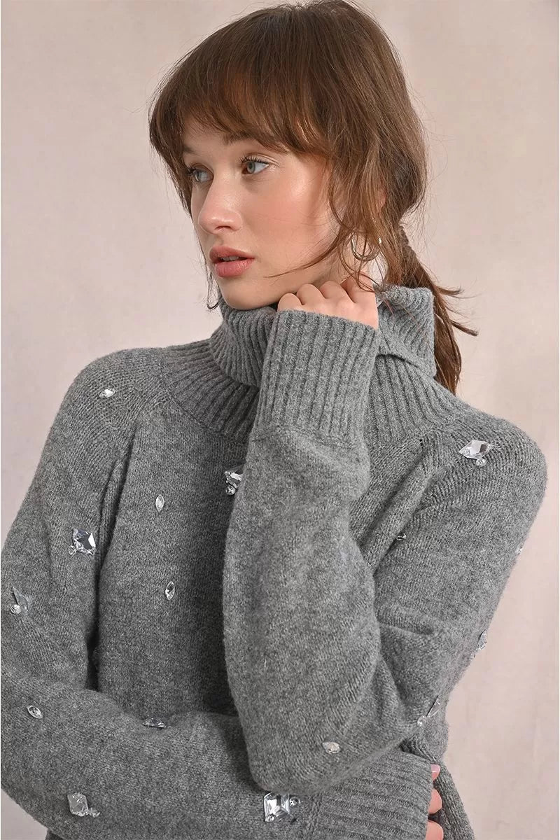 Molly Bracken Rhinestone Grey Knitted Sweater Dress