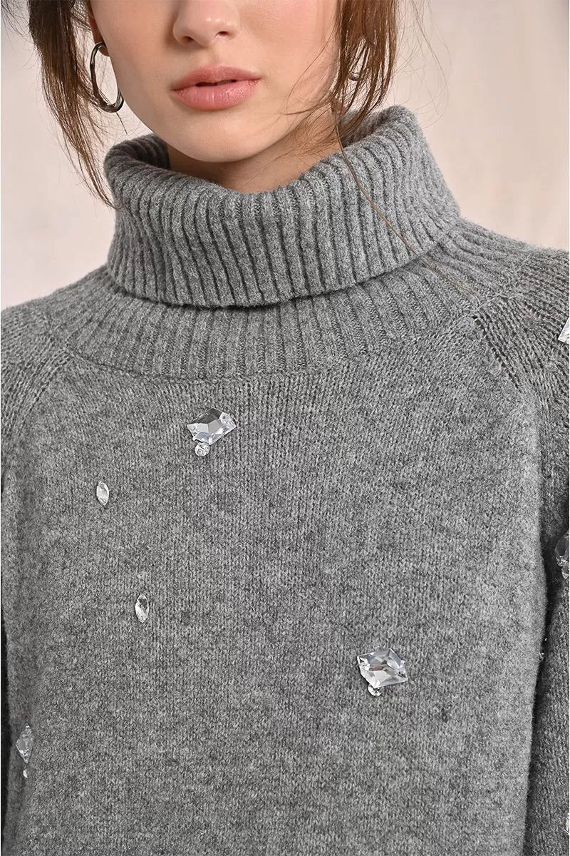 Molly Bracken Rhinestone Grey Knitted Sweater Dress