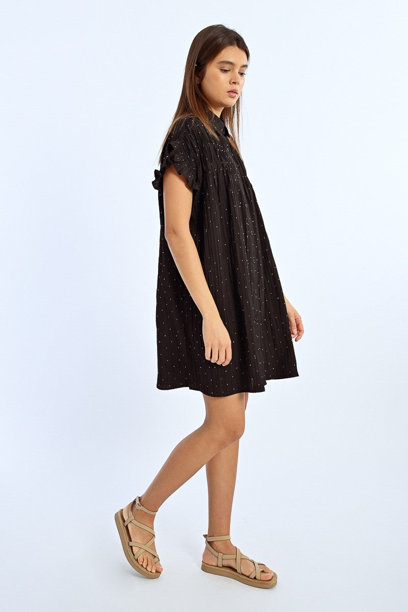 Lili Sidonio Ruffle Shoulder Sequin Dotted Black Dress