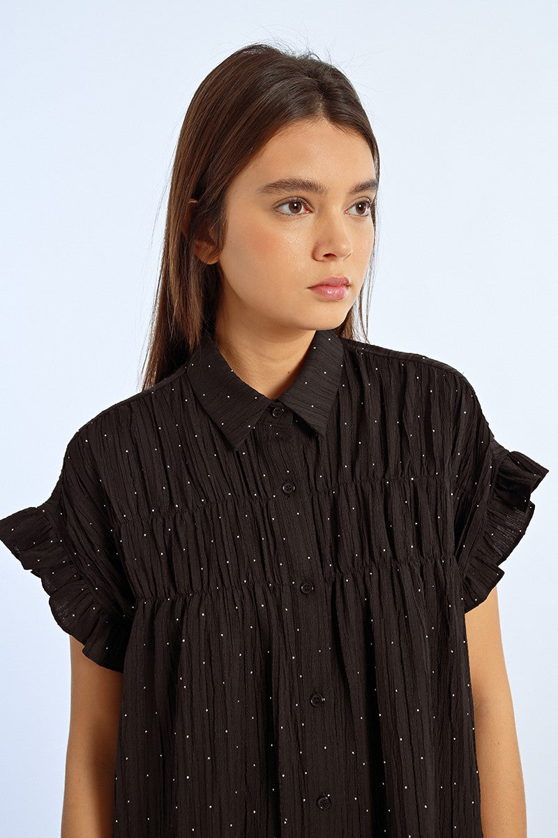 Lili Sidonio Ruffle Shoulder Sequin Dotted Black Dress