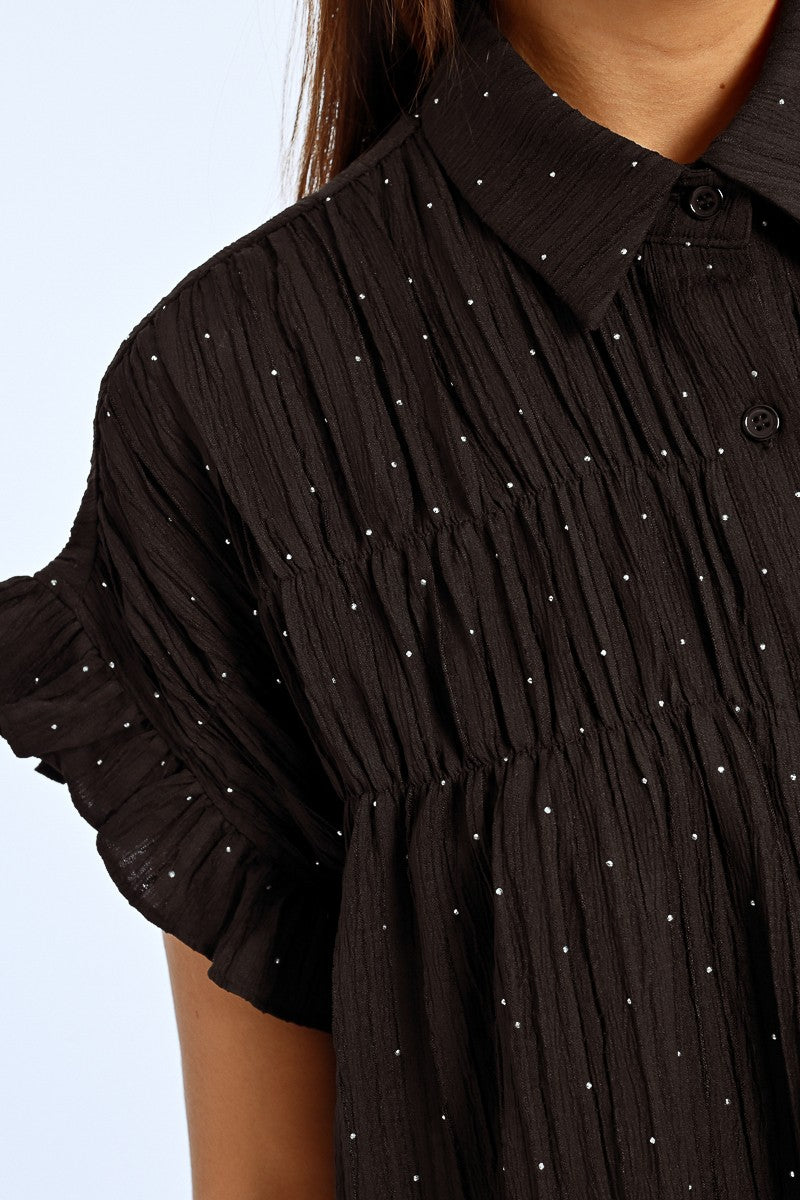 Lili Sidonio Ruffle Shoulder Sequin Dotted Black Dress