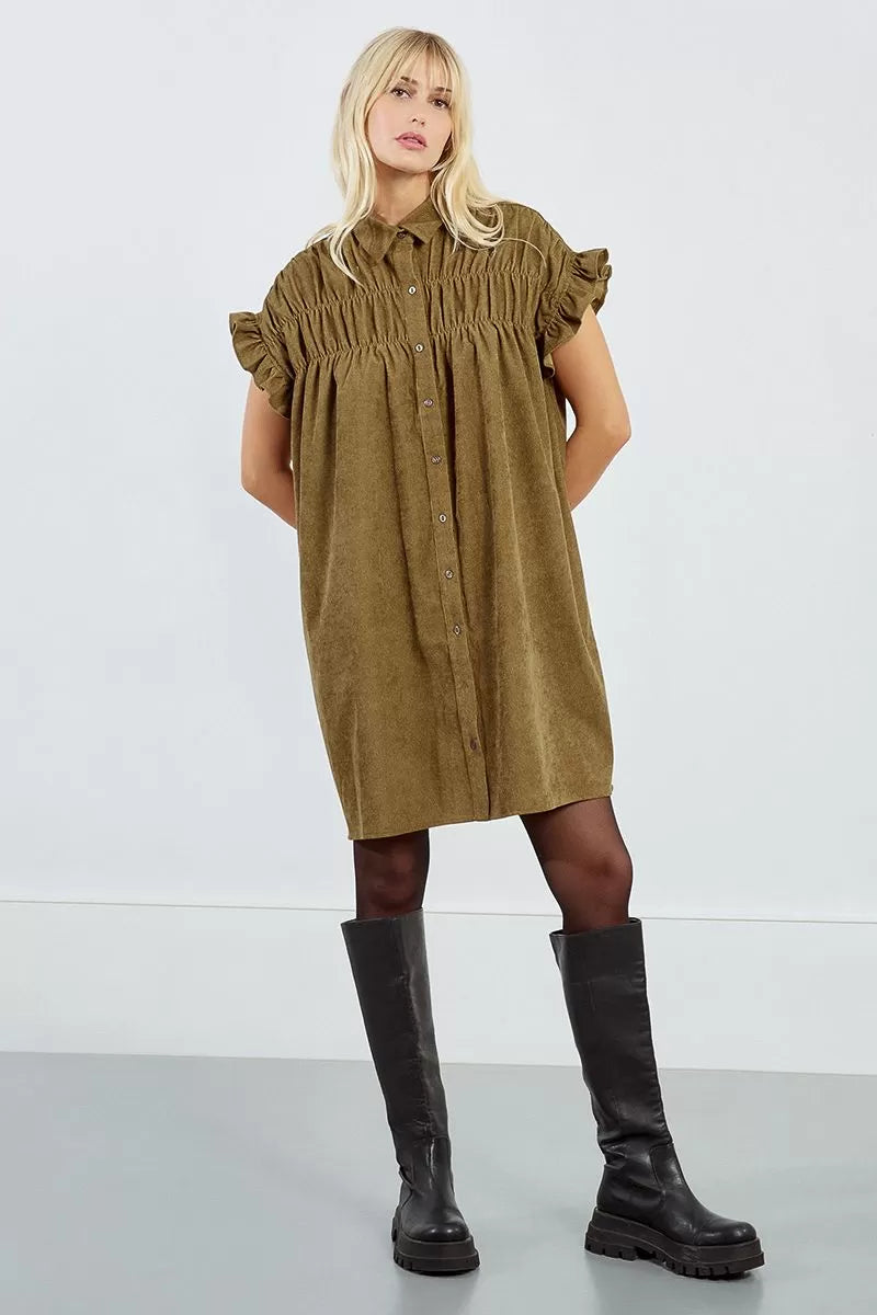 Lili Sidonio Ruched Shirt Khaki Dress