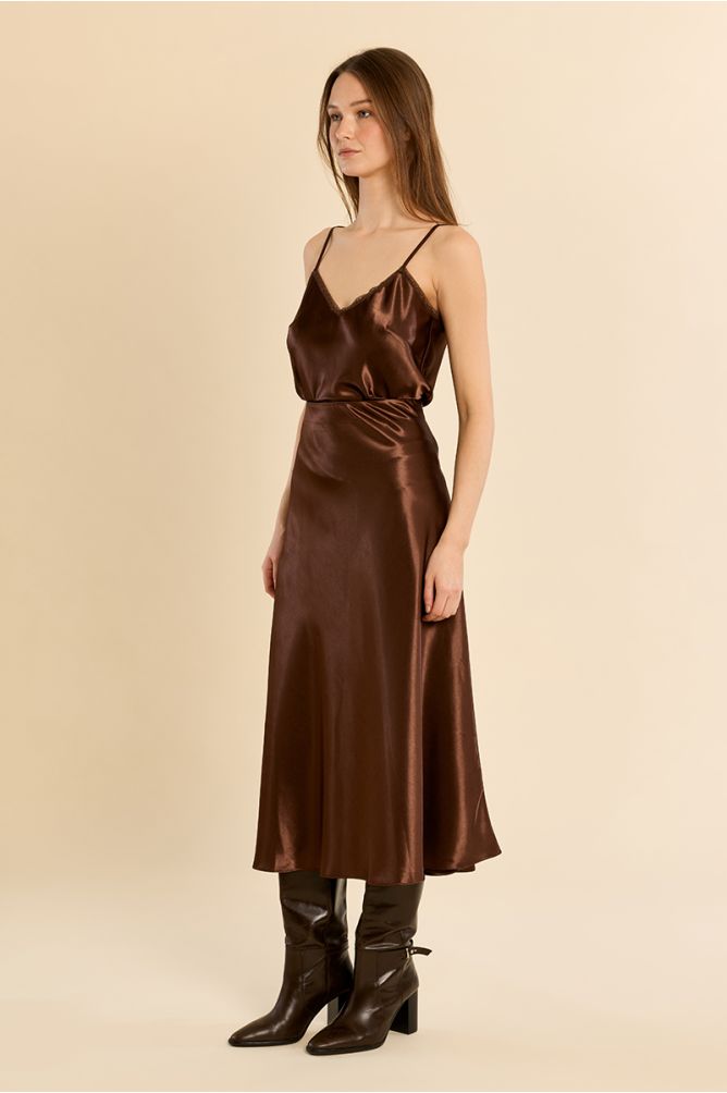 Molly Bracken Satin High Rise Chocolate Skirt
