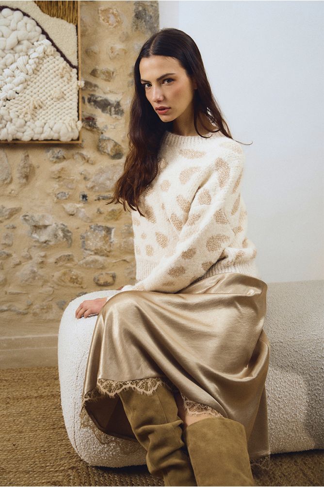 Molly Bracken Gold Satin Skirt With Lace Finish