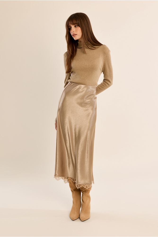 Molly Bracken Gold Satin Skirt With Lace Finish