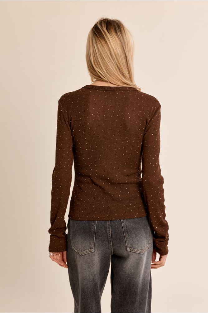Molly Bracken Semi Sheer Polka Dot Chocolate Top
