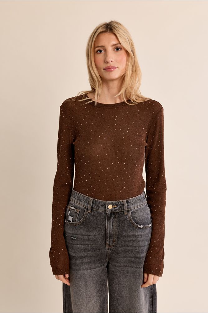 Molly Bracken Semi Sheer Polka Dot Chocolate Top