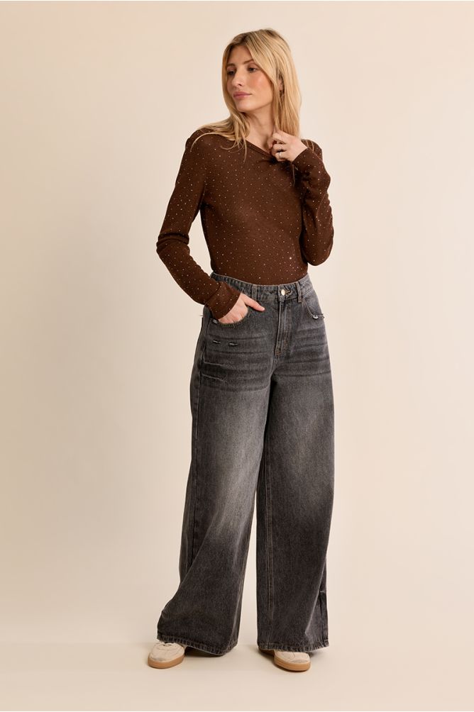 Molly Bracken Semi Sheer Polka Dot Chocolate Top