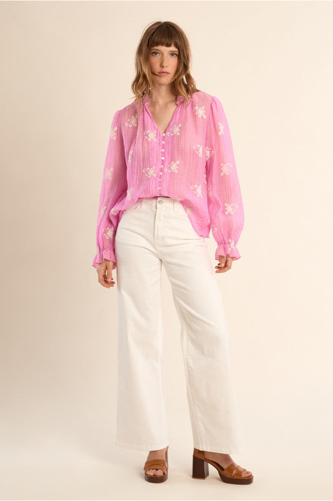 Molly Bracken Pink Semi Transparanent Embroidered Top