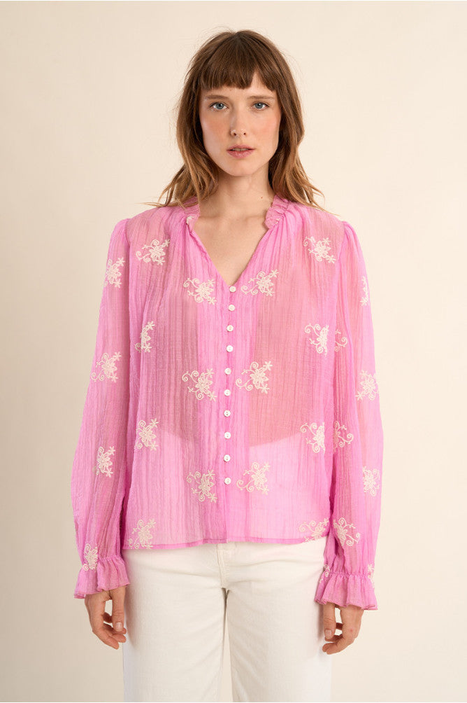 Molly Bracken Pink Semi Transparanent Embroidered Top