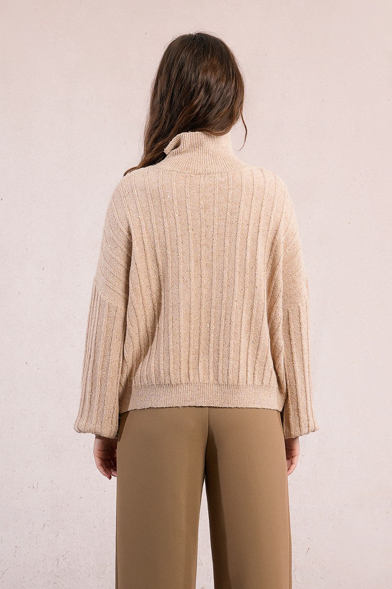 Molly Bracken Sequin Knitted Beige Sweater