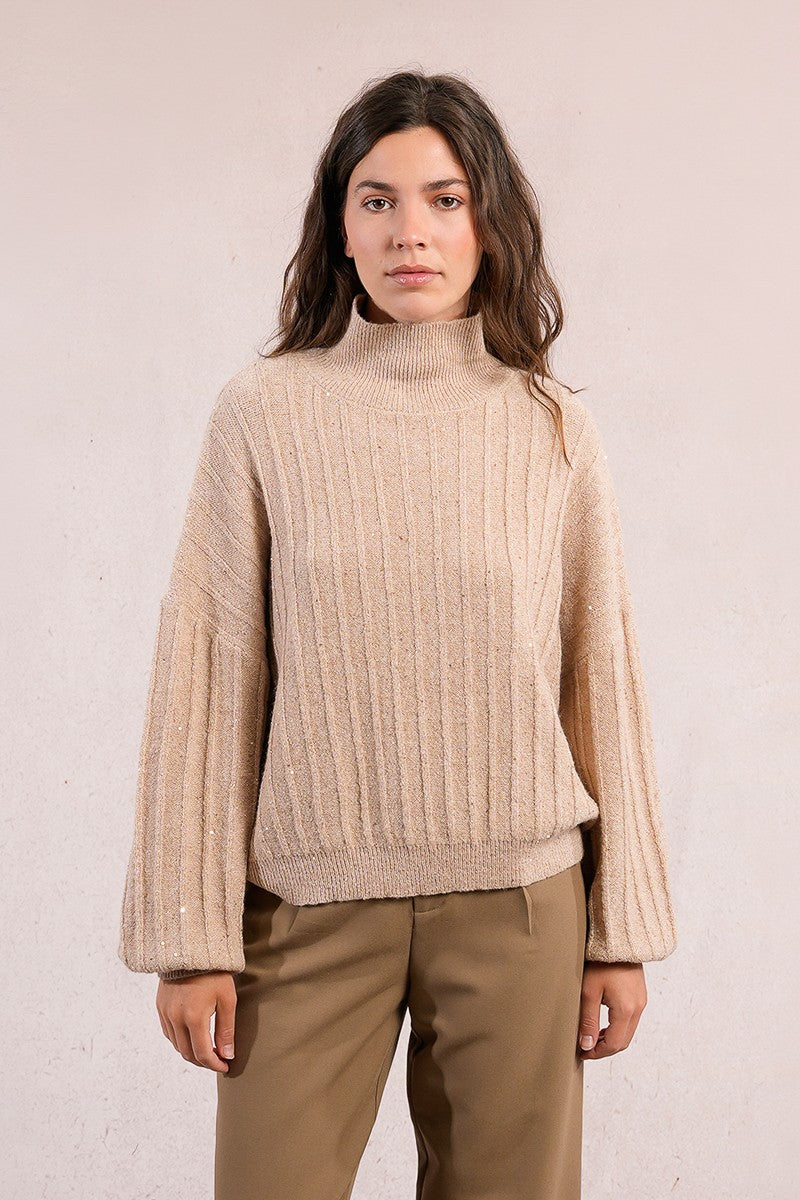 Molly Bracken Sequin Knitted Beige Sweater