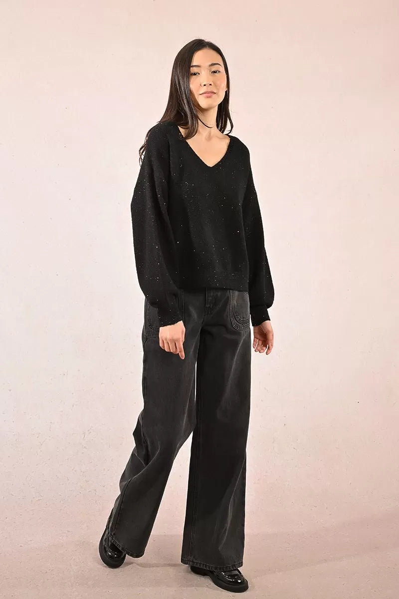 Molly Bracken Sequined Oversized Black Knitted Sweater
