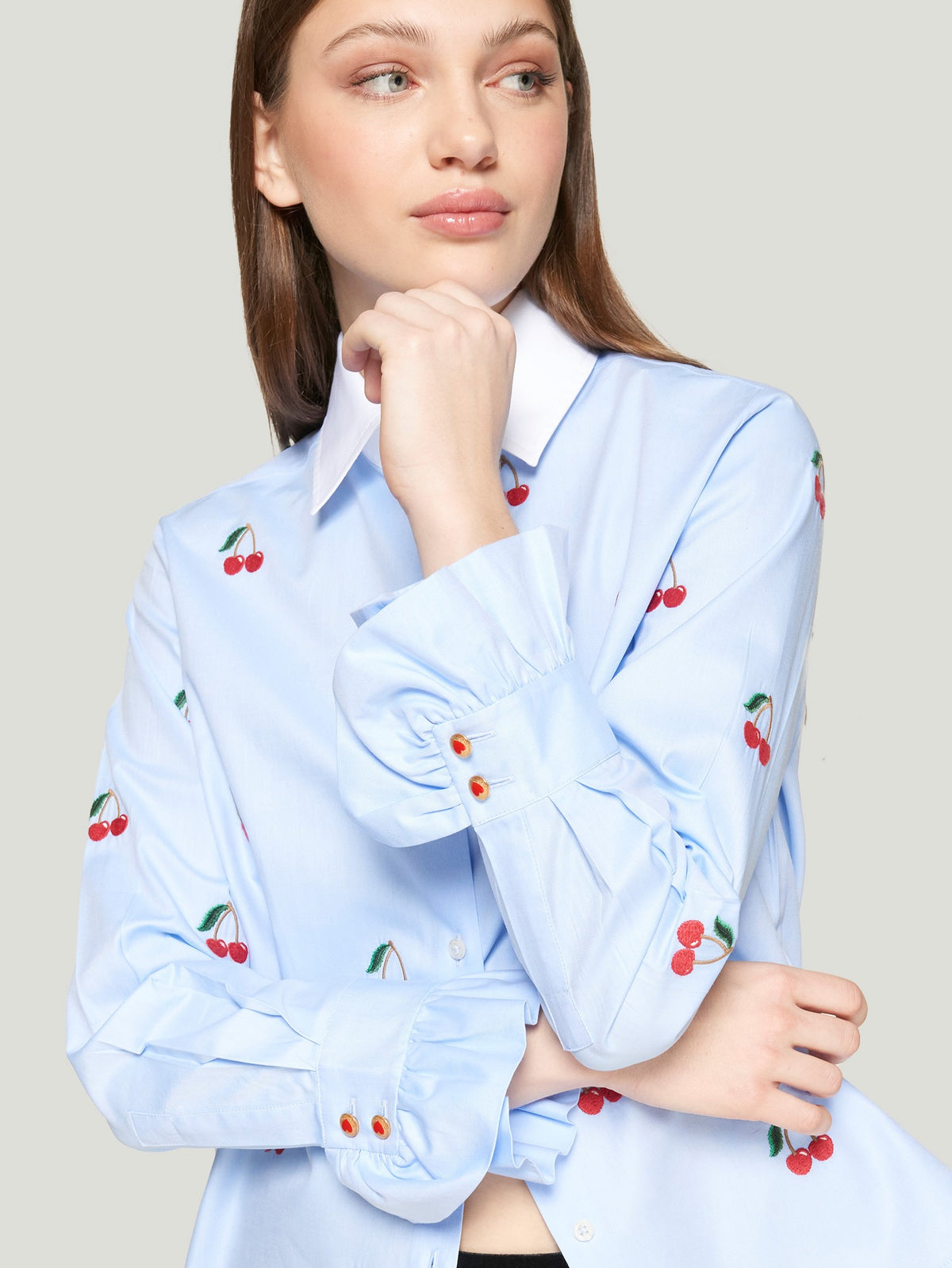 Vilagallo Sky Blue Cherry Embroidery Shirt