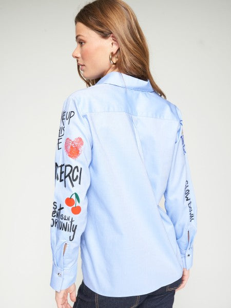 Vilagallo Blue Oxford Shirt Graffiti Print