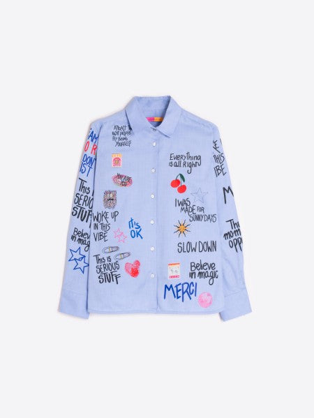 Vilagallo Blue Oxford Shirt Graffiti Print