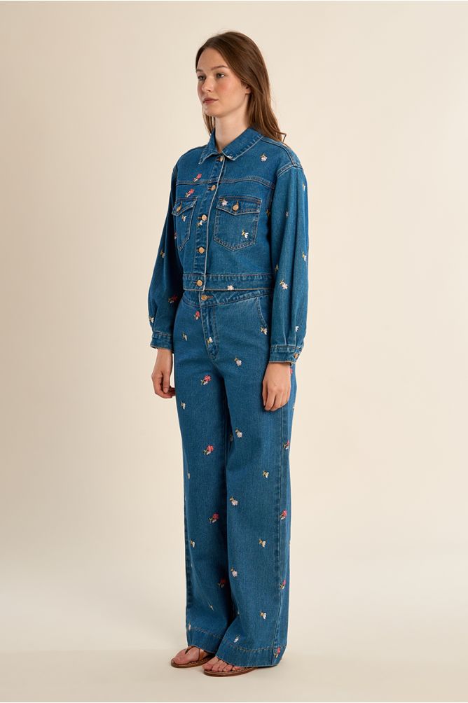 Molly Bracken Short Embroidered Blue Denim Jacket