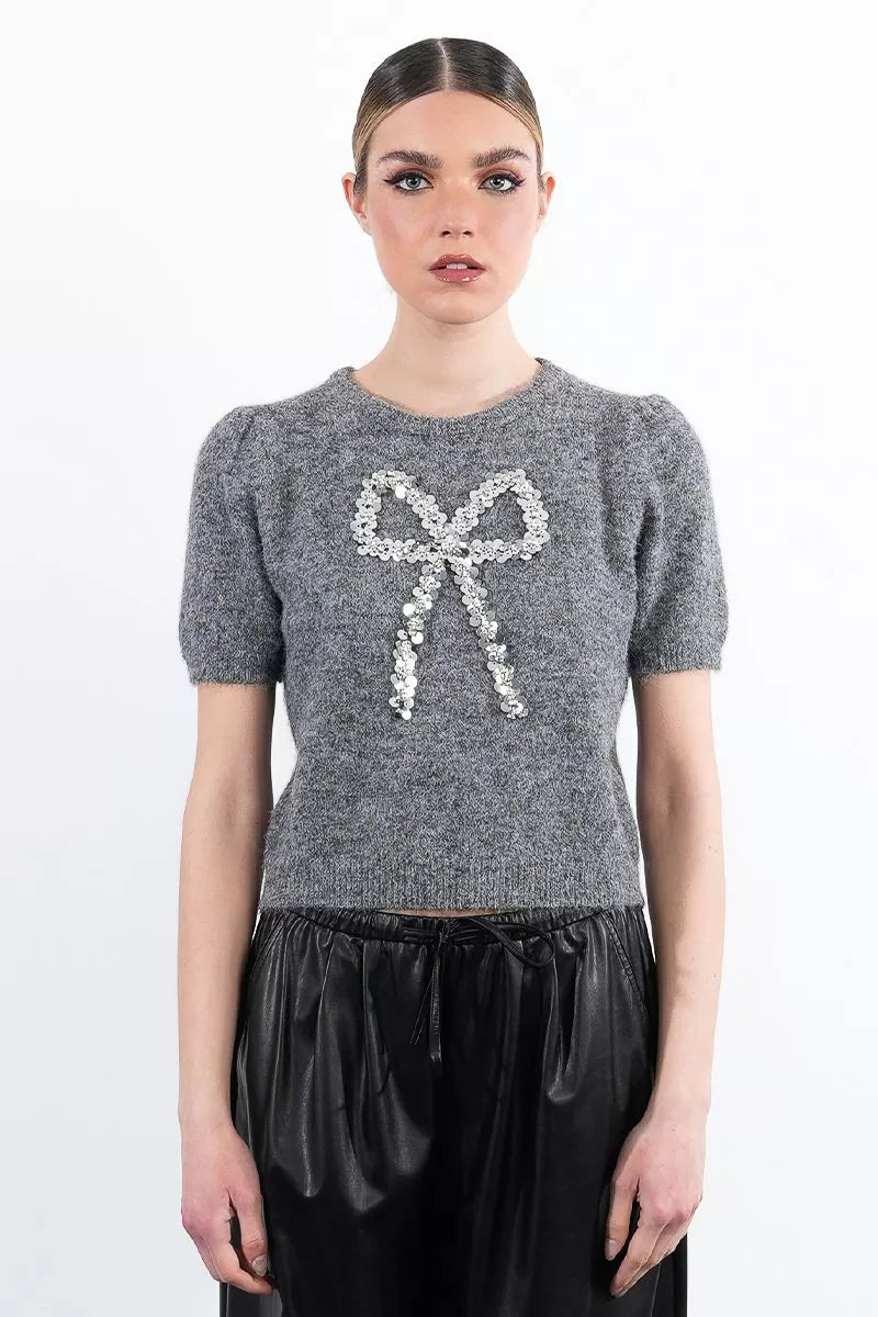 Molly Bracken Ash Grey Short-Sleeved Sweater With Sequin Bow