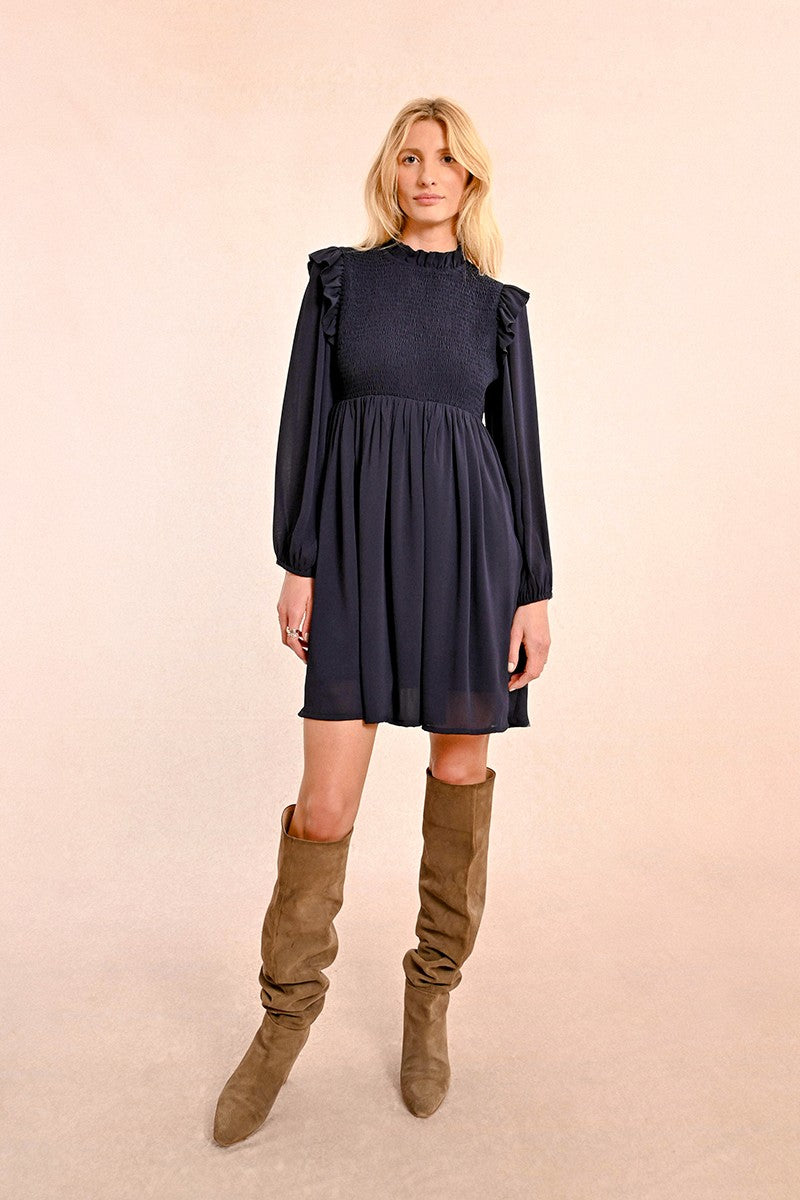 Molly Bracken Short Smocked Dark Navy Dress