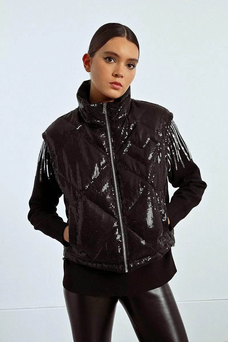 Molly Bracken Down Black Sequin Sleeveless Jacket
