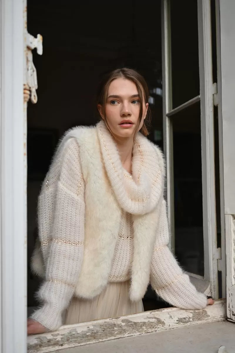 Molly Bracken Off White Sleeveless Faux Fur Jacket