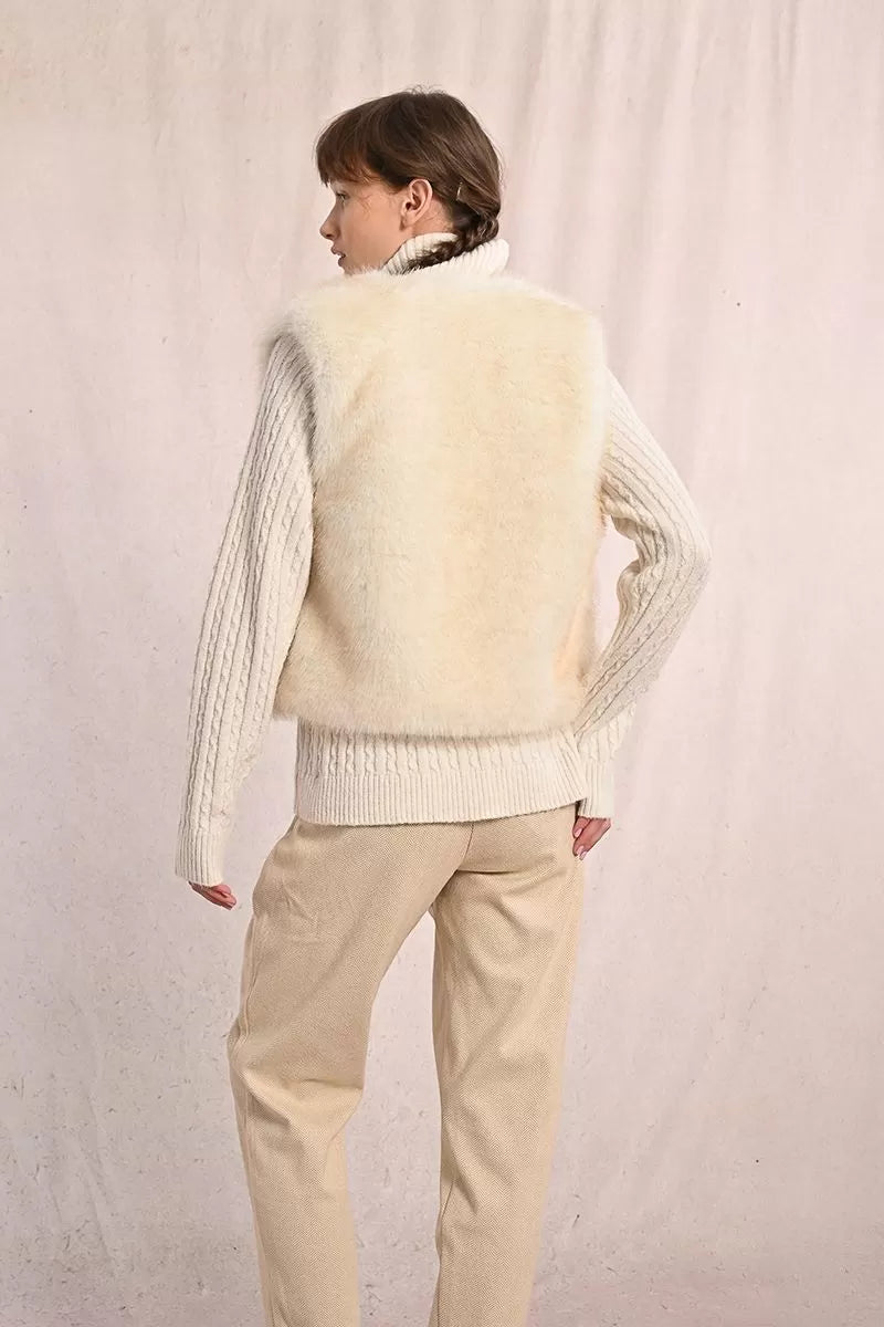 Molly Bracken Off White Sleeveless Faux Fur Jacket